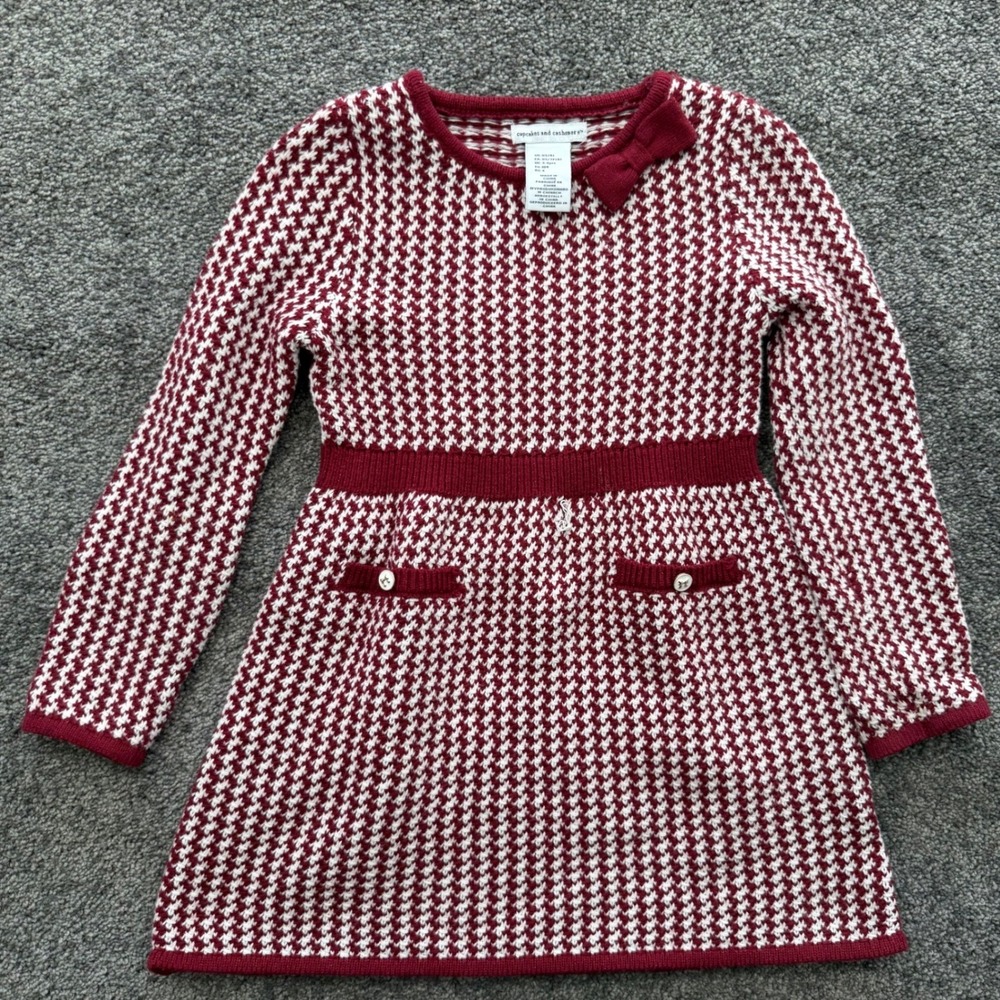 Cupcakes and Cashmere Kids Red White Houndstooth Knit Dress 4 XS Bow Sweater